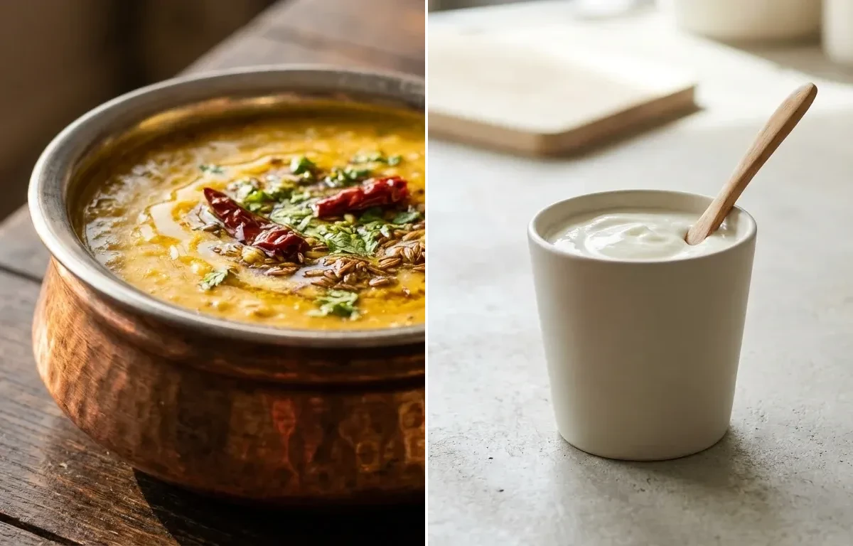 One Chapati with Dal Fry, Plain Yogurt Cup and Dhokla With Green Chutney