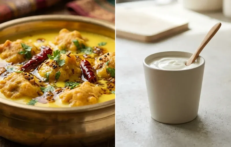 One Chapati with Kadhi Pakora, Plain Yogurt Cup and Dhokla With Green Chutney