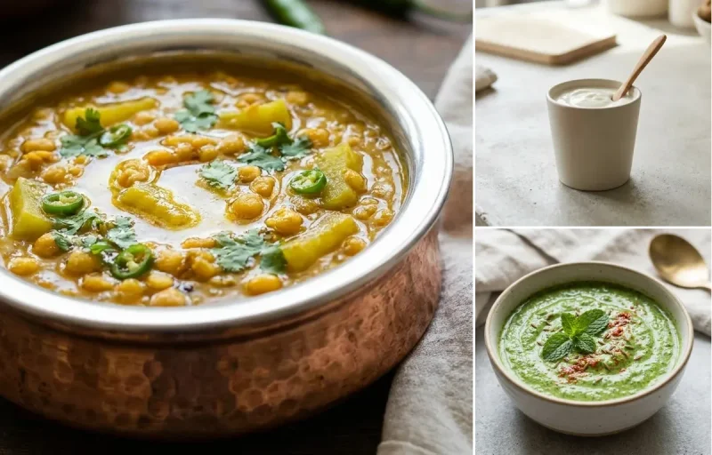 One Chapati with Lauki Chana Dal, Plain Yogurt Cup and Mint Yogurt Chutney