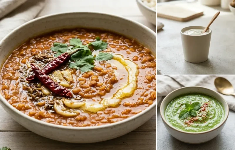 One Chapati with Masoor Dal, Plain Yogurt Cup and Mint Yogurt Chutney