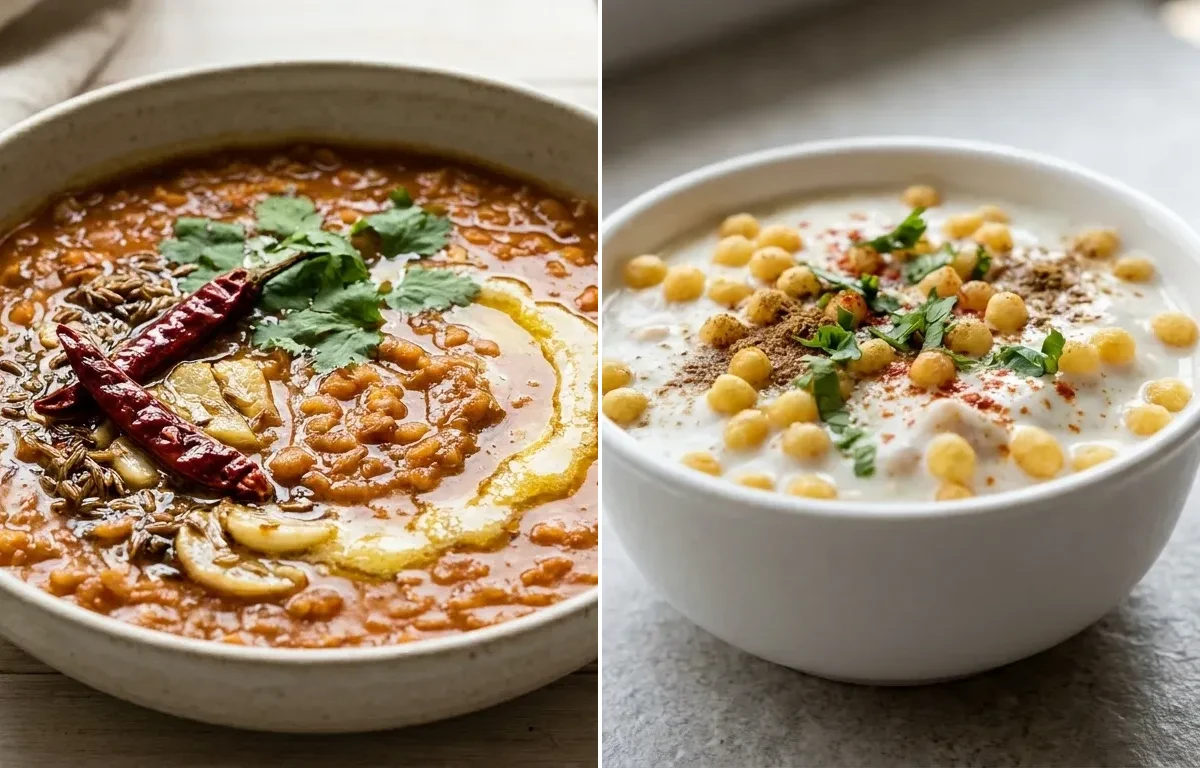 One Chapati with Masoor Dal, Vegan Aloo Matar and Boondi Raita