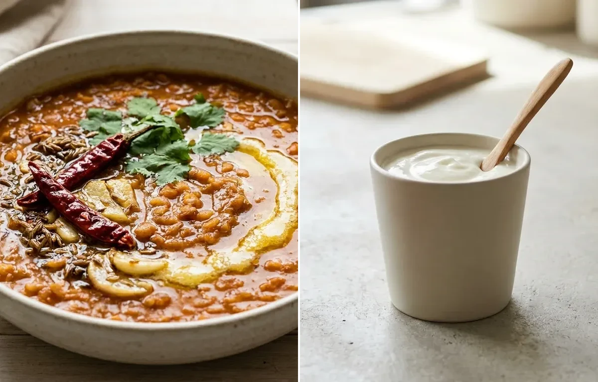 One Chapati with Masoor Dal, Vegan Dal Palak and Plain Yogurt Cup