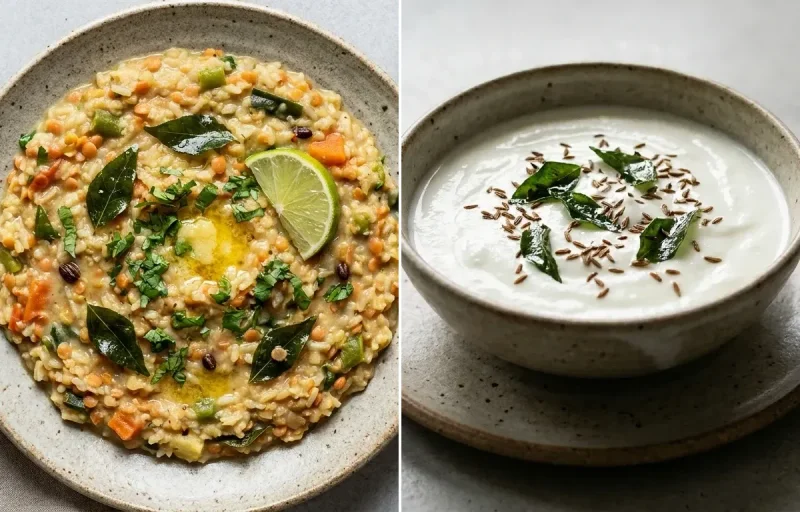 One-Pot Masoor Dal Khichdi with Plain Curd