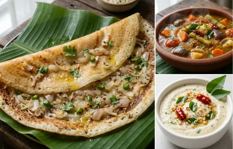 Onion Dosa with Vegetable Sambar and Coconut Chutney