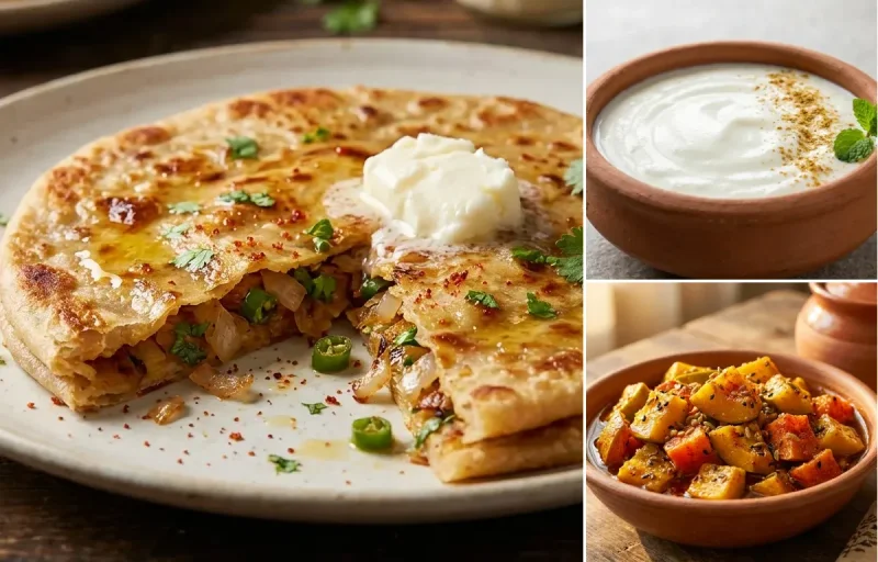 Onion Paratha with Dahi and Punjabi Mango Pickle