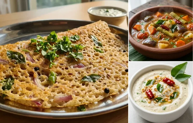 Onion Rava Dosa with Vegetable Sambar and Coconut Chutney