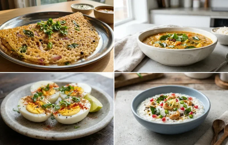 Onion Rava Dosa with Drumstick Sambar, Tomato Garlic Chutney, Boiled Eggs and Curd Rice Snack Bowl