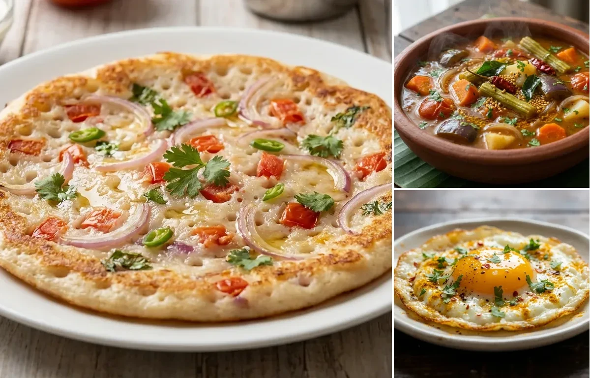 Onion Tomato Uttapam with Vegetable Sambar and Fried Egg