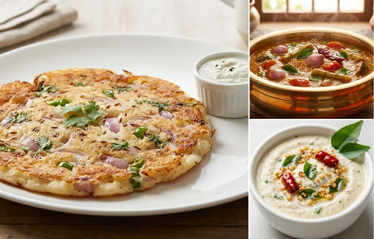 Onion Uttapam with Chettinad Sambar and Coconut Chutney