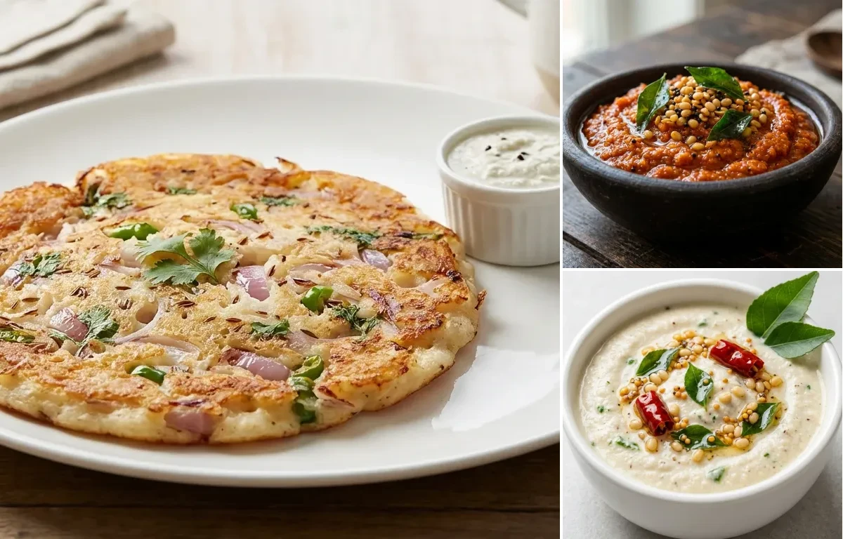 Onion Uttapam with Kara Chutney and Coconut Chutney