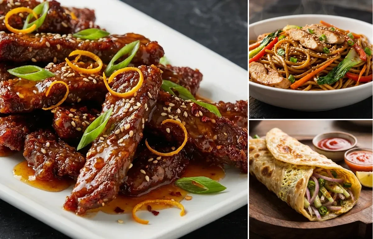 Orange Beef with Chicken Lo Mein and Egg Roll