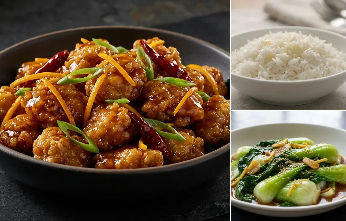 Orange Peel Chicken with Steamed Basmati Rice and Garlic Bok Choy