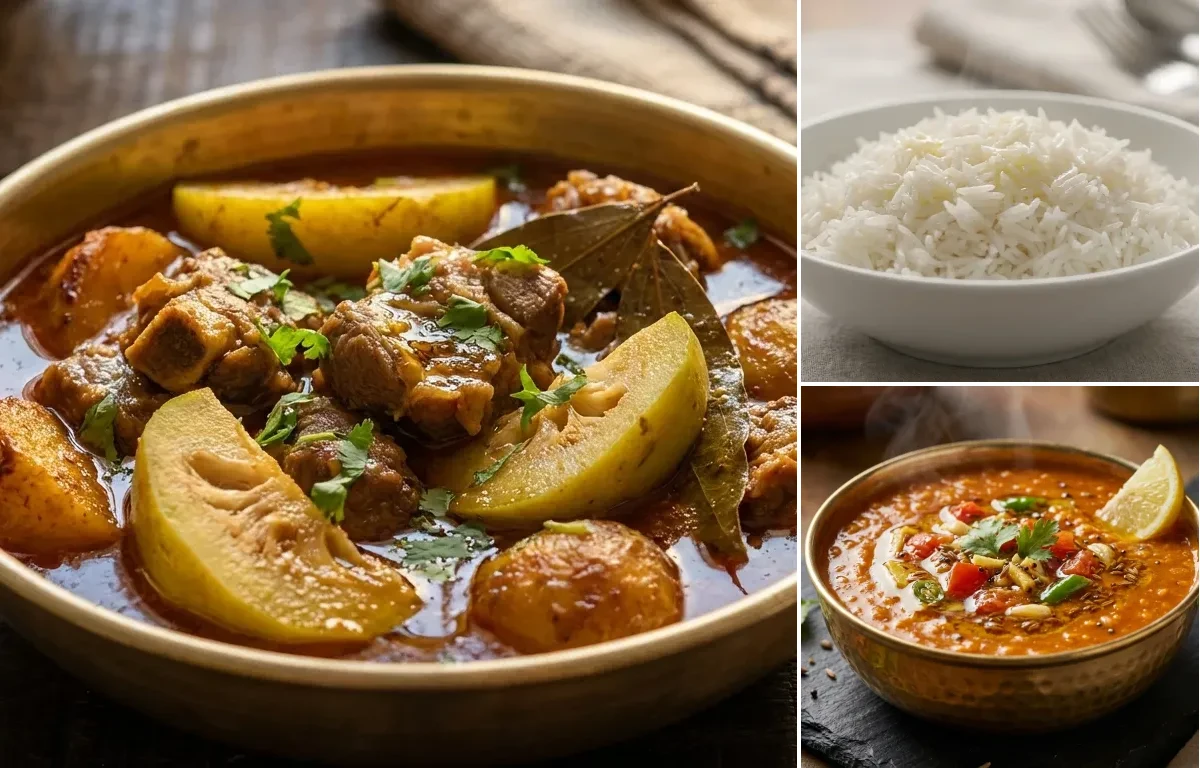 Ou Tenga Mutton Curry with Steamed Basmati Rice and Masoor Dal Tadka