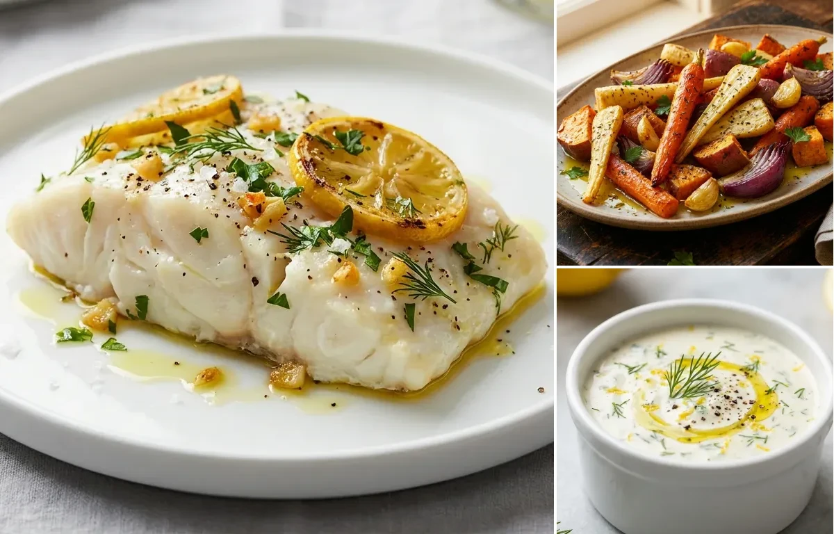 Oven-Baked Cod with Lemon and Herbs with Roasted Root Vegetables and Lemon-Dill Sauce