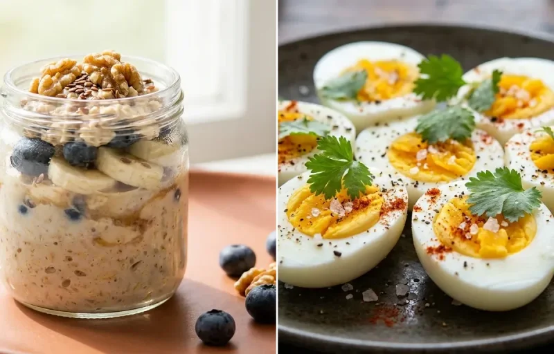 Overnight Oats Jar with Boiled Egg with Apple with Black Coffee