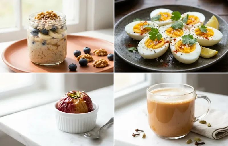 Overnight Oats Jar with Boiled Egg with Apple with Masala Chai