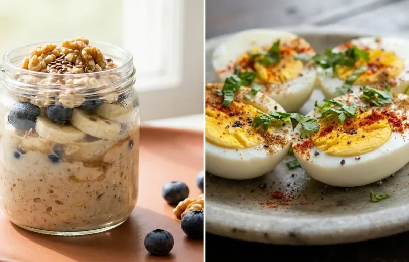 Overnight Oats Jar with Boiled Eggs with Black Coffee