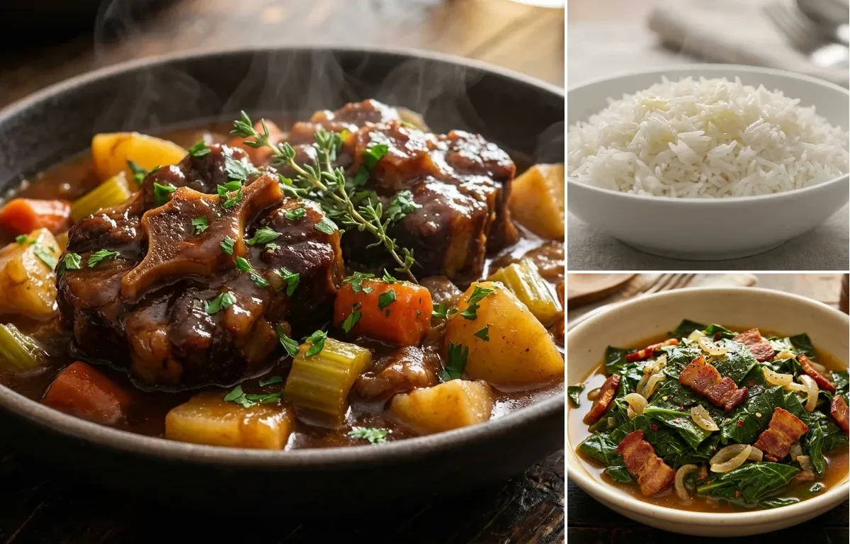 Oxtail Stew with Steamed Basmati Rice and Collard Greens