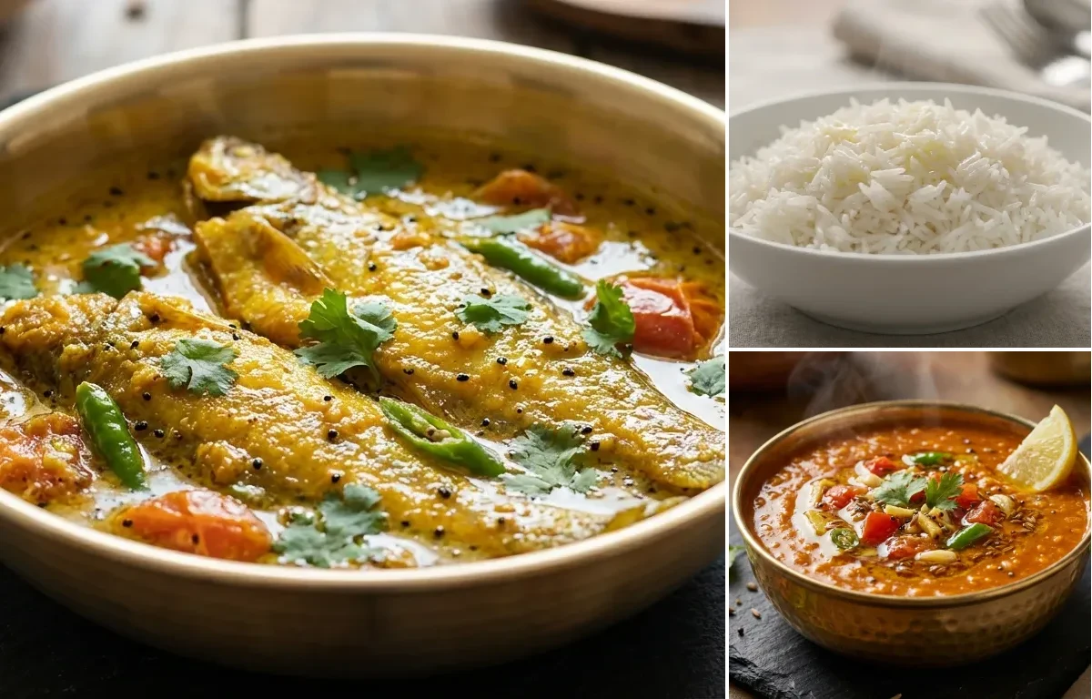 Pabda Maacher Jhal with Steamed Basmati Rice and Masoor Dal Tadka