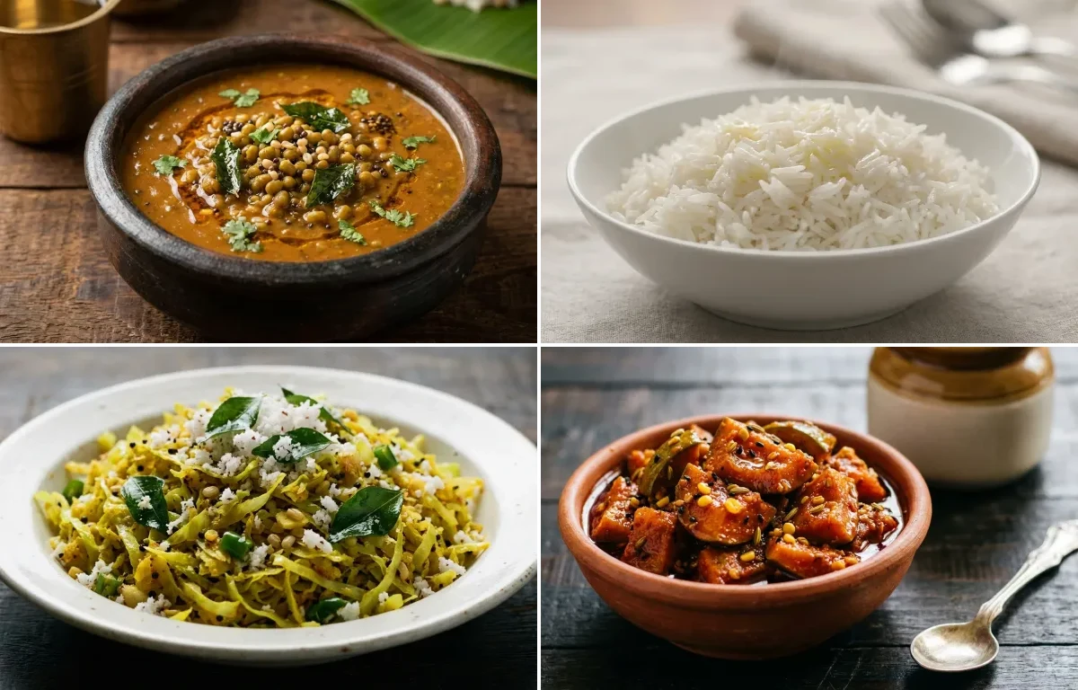 Pachai Payaru Kuzhambu with Steamed Basmati Rice, Cabbage Thoran and Mango Pickle