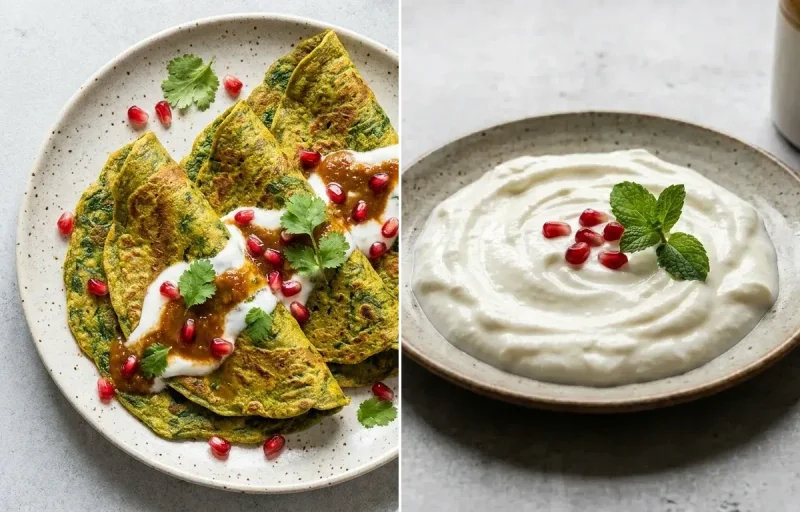 Palak Chilla with Dhokla With Green Chutney and Plain Curd