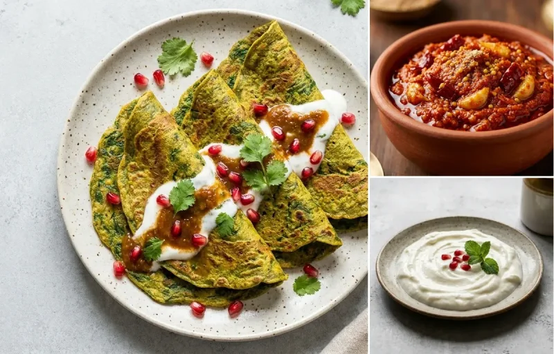 Palak Chilla with Garlic Chutney and Plain Curd