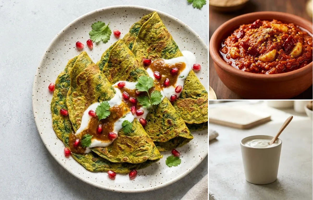 Palak Chilla with Garlic Chutney and Plain Yogurt Cup