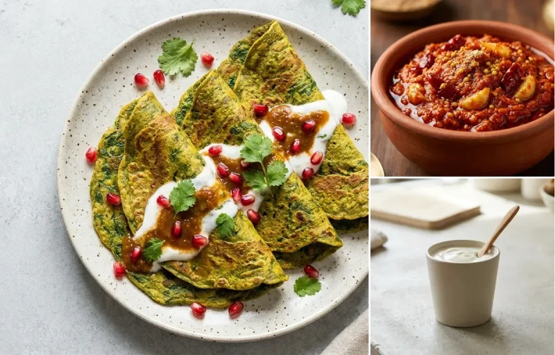 Palak Chilla with Garlic Chutney and Plain Yogurt Cup