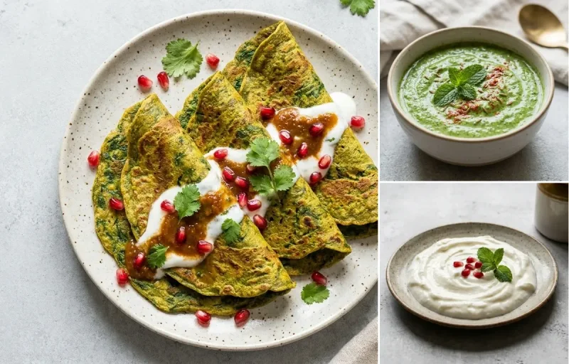 Palak Chilla with Mint Yogurt Chutney and Plain Curd
