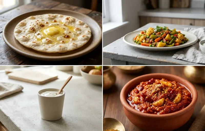 Palak Dal with Jowar Roti, Mixed Vegetable Sabzi, Plain Yogurt Cup and Garlic Chutney