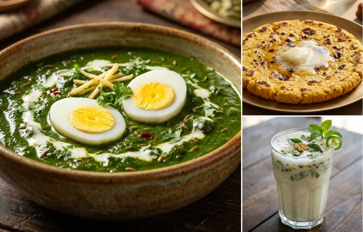 Palak Egg Curry with Makai no Rotlo and Masala Chaas