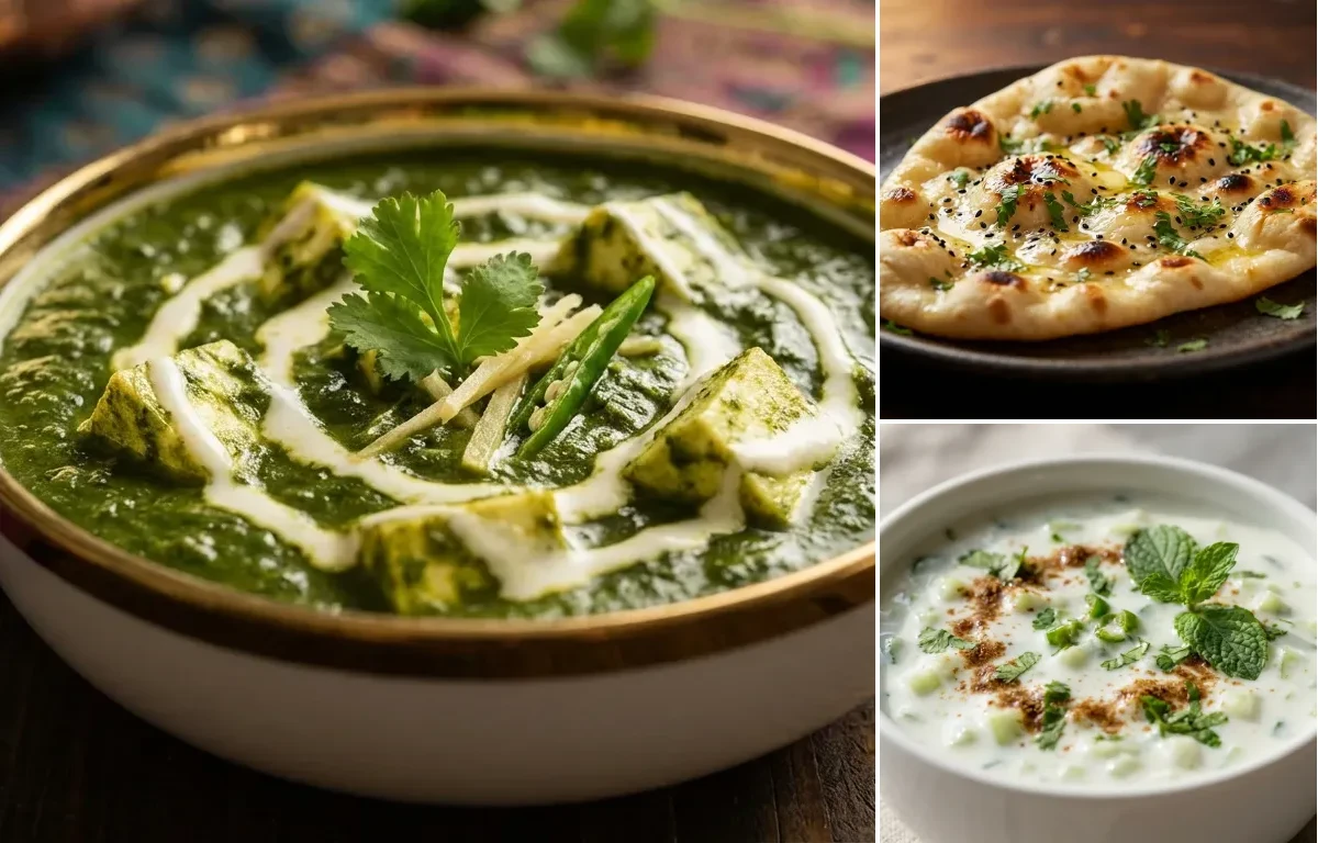 Palak Paneer with Naan and Cucumber Raita
