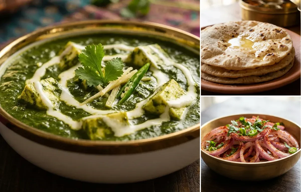 Palak Paneer with Roti and Onion Salad
