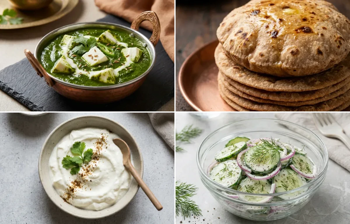 Palak Paneer with Whole Wheat Roti with Plain Dahi with Cucumber Salad