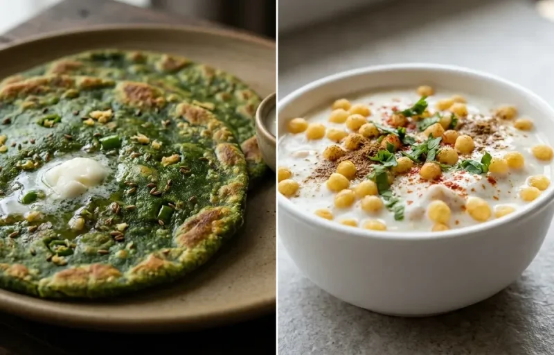 Palak Paratha with Boondi Raita and Hard Boiled Egg With Cucumber