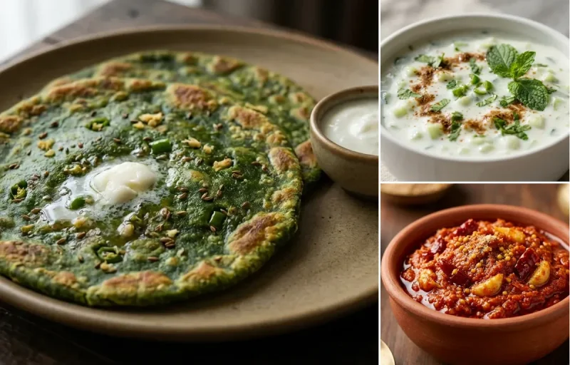 Palak Paratha with Paneer Stuffed Moong Dal Chilla, Cucumber Raita and Garlic Chutney