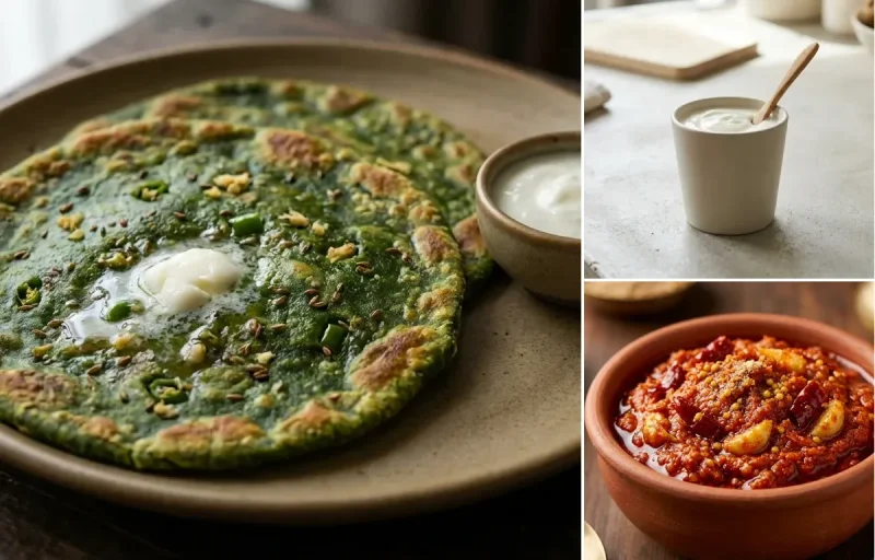 Palak Paratha with Paneer Stuffed Moong Dal Chilla, Plain Yogurt Cup and Garlic Chutney