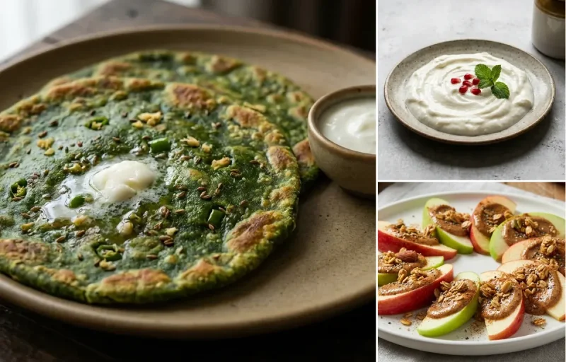 Palak Paratha with Plain Curd and Apple Slices With Almond Butter