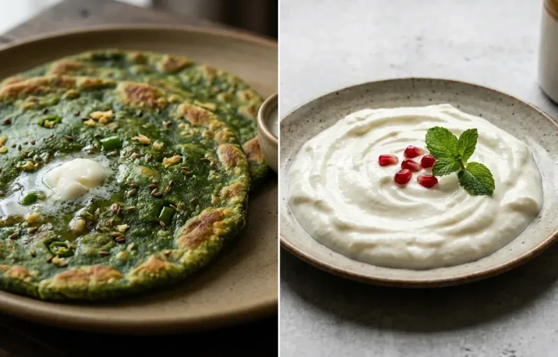 Palak Paratha with Plain Curd and Hard Boiled Egg With Cucumber