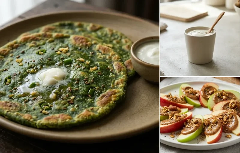 Palak Paratha with Plain Yogurt Cup and Apple Slices With Almond Butter