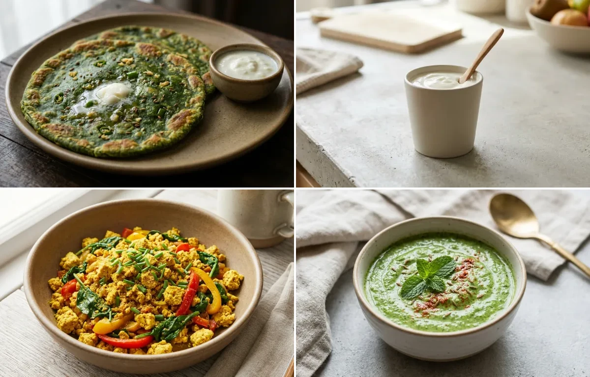 Palak Paratha with Plain Yogurt Cup, Tofu Scramble and Mint Yogurt Chutney