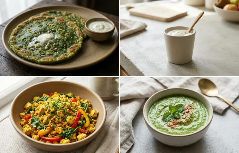 Palak Paratha with Plain Yogurt Cup, Tofu Scramble and Mint Yogurt Chutney