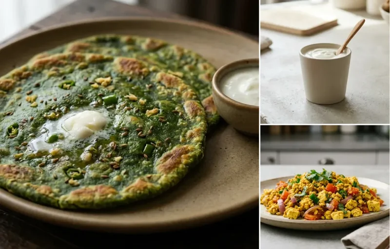Palak Paratha with Plain Yogurt Cup, Vegan Tofu Bhurji and Mint Coriander Chutney No-Salt