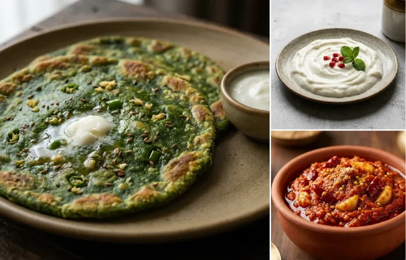 Palak Paratha with Urad Dal, Plain Curd and Garlic Chutney