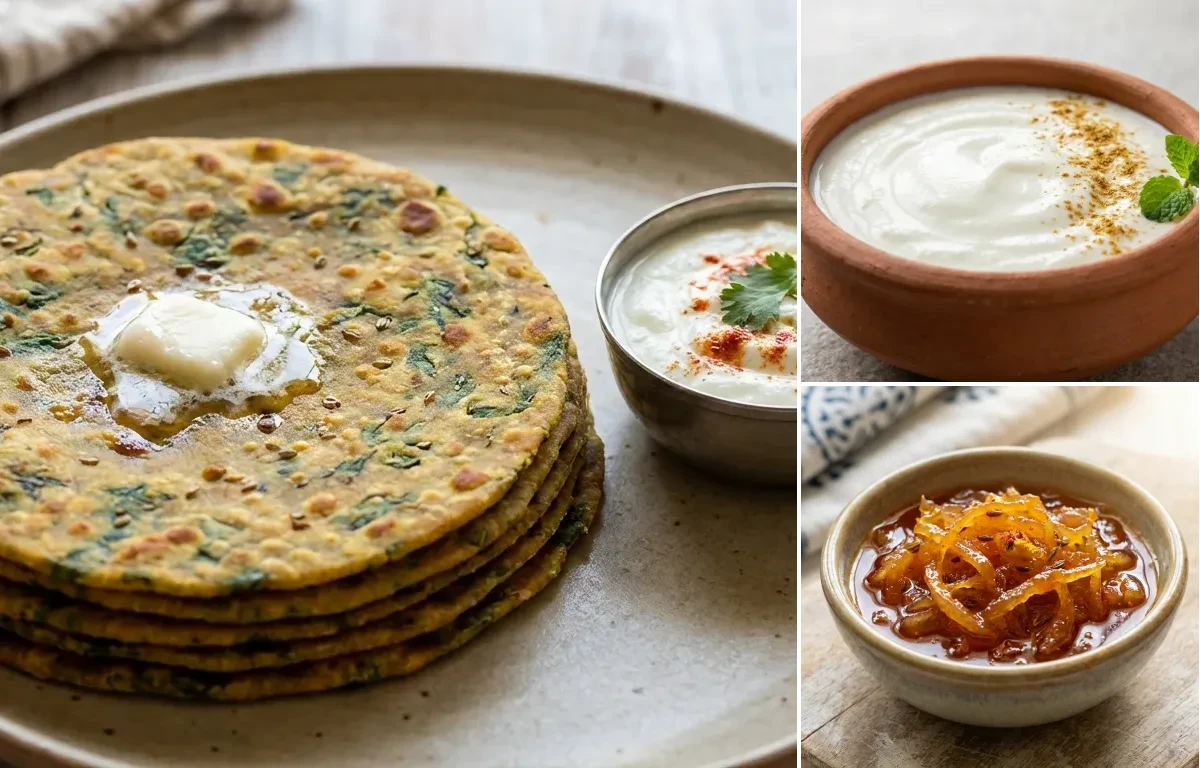Palak Thepla with Dahi and Gujarati Aam Chundo