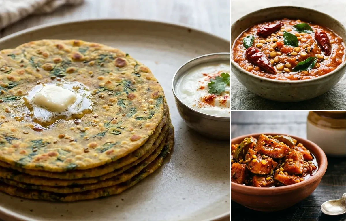 Palak Thepla with Tomato Chutney and Mango Pickle