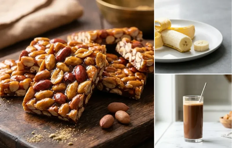 Palli Chikki with Banana with Chocolate Milk