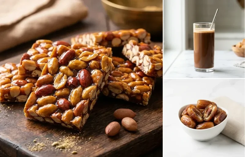 Palli Chikki with Banana with Chocolate Milk with Dates
