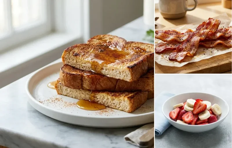 Pan Fried Bacon Strips with Whole Wheat French Toast with Berries