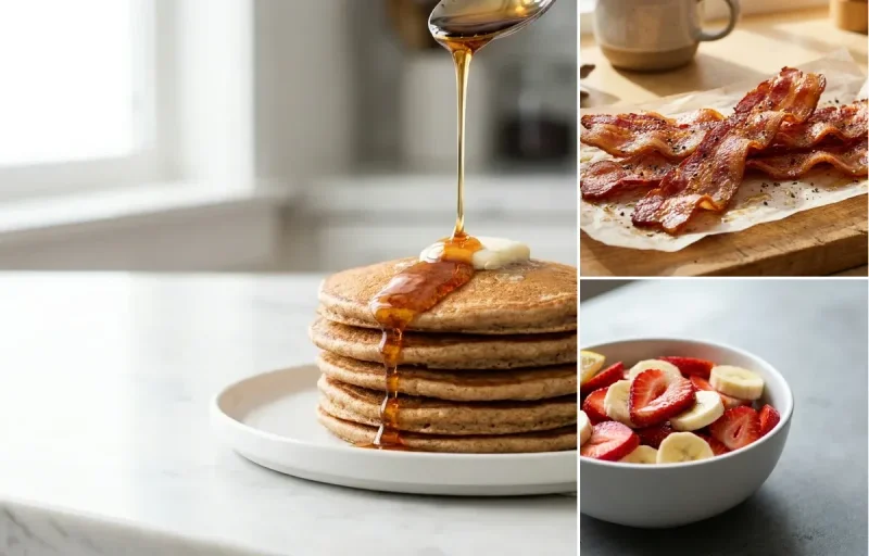Pan Fried Bacon Strips with Whole Wheat Pancakes with Berries